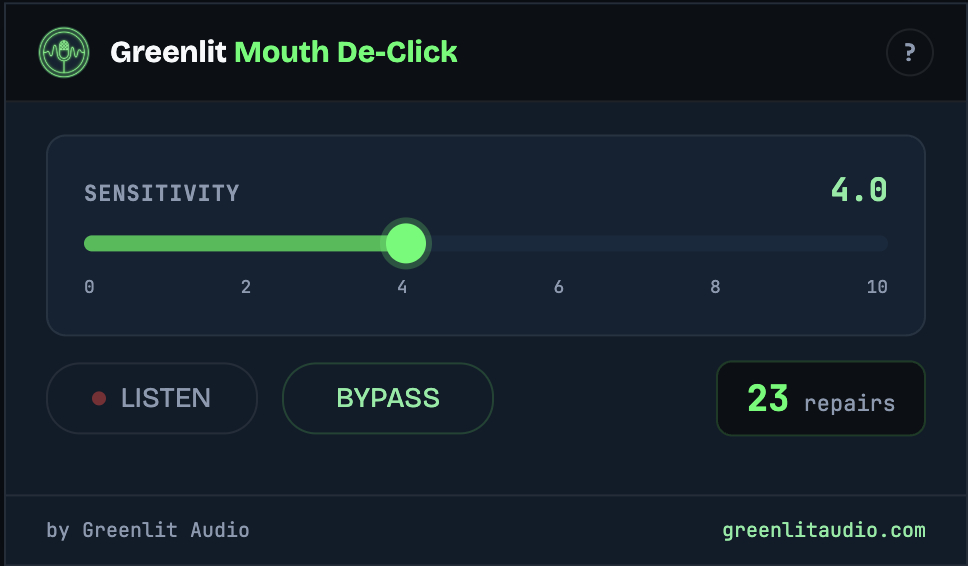 The Greenlit Mouth De-Click plugin window, showing the sensitivity slider, listen and bypass controls, and a live repair count.